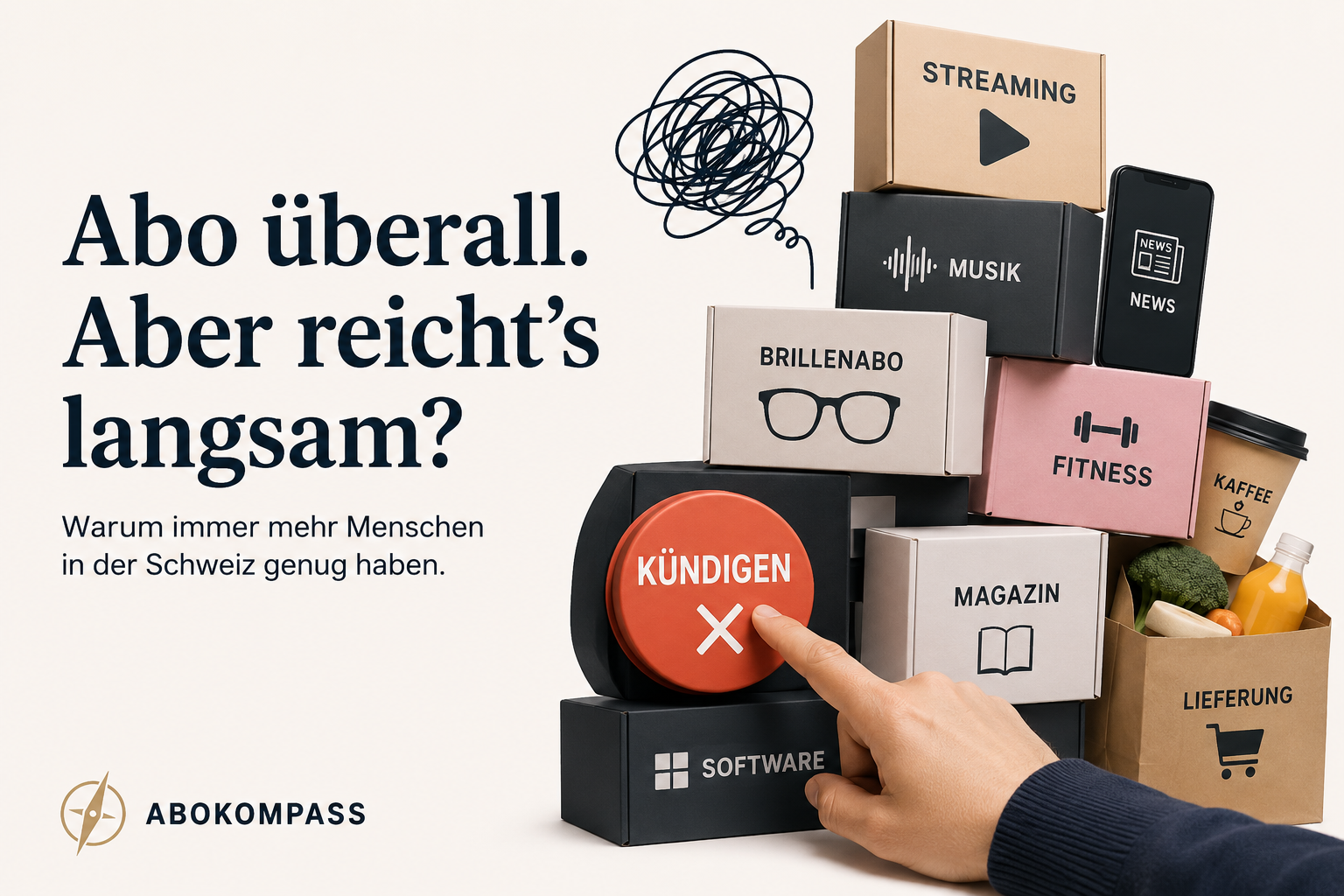 Illustration mit verschiedenen Abo-Boxen, rotem Kündigungs-Knopf und der Überschrift Abo überall. Aber reicht's langsam?
