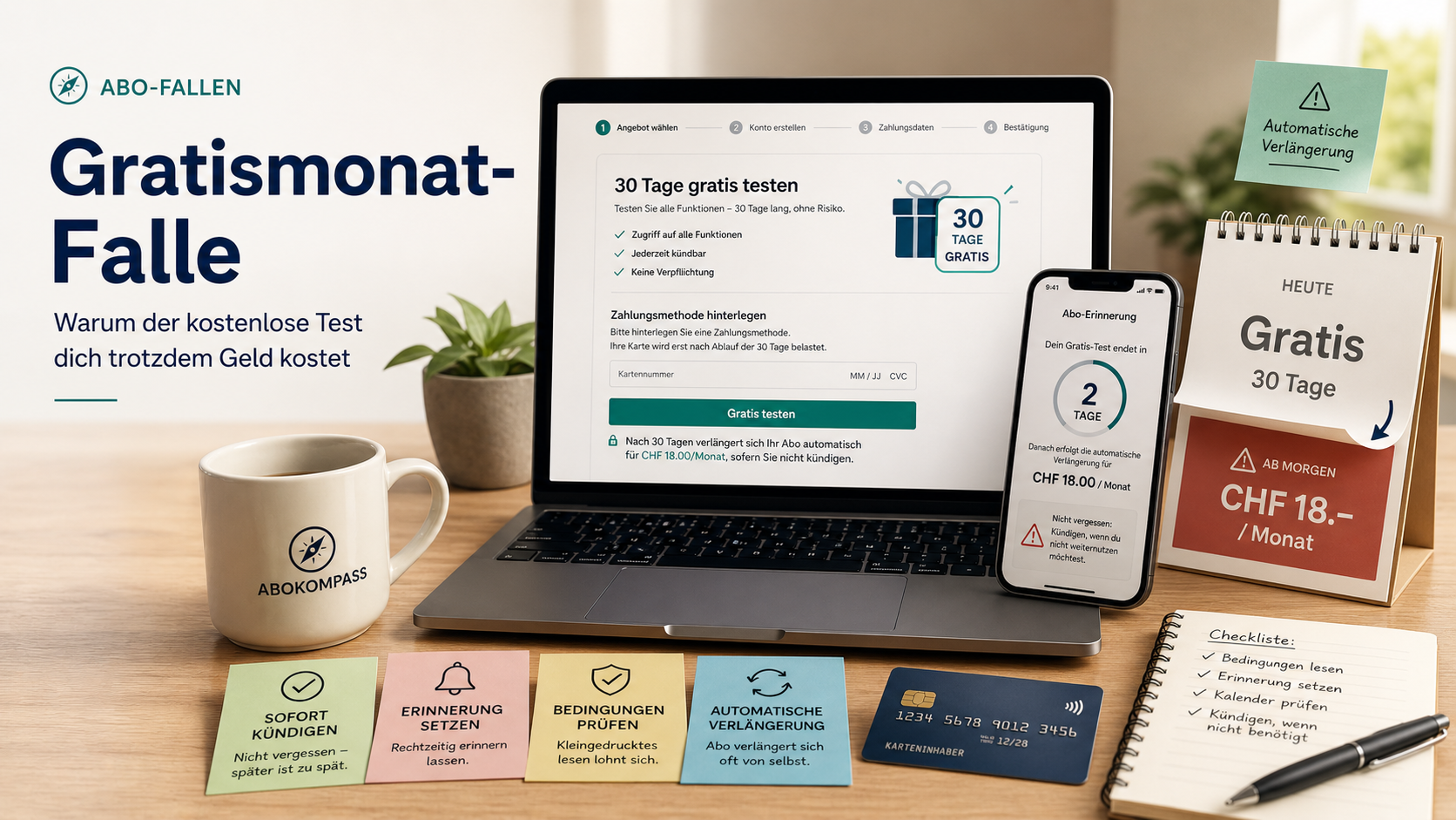 Gratismonat-Falle: Laptop mit Gratis-Testangebot, Countdown auf Smartphone und Checkliste mit Tipps zum Kündigen