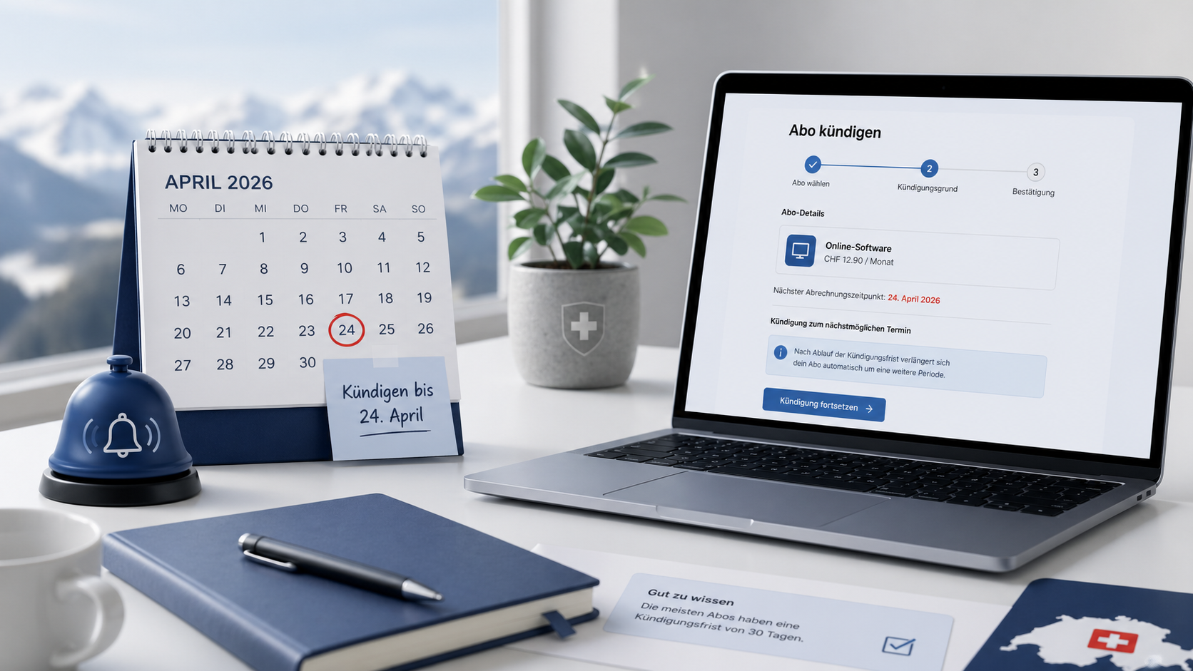 Kalender mit markiertem Kündigungstermin, Erinnerungsglocke und Kündigungsformular