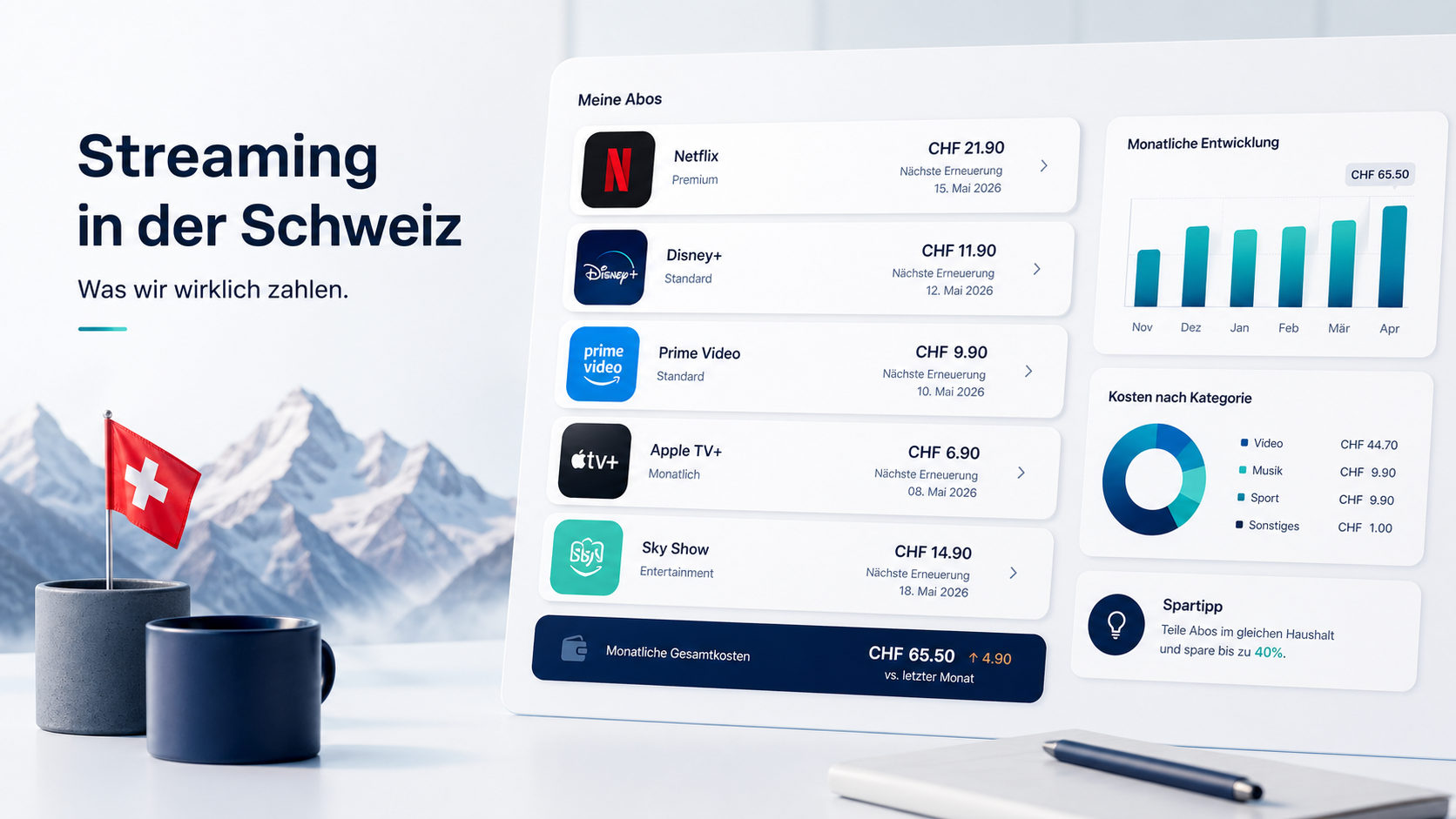 Streaming-Dashboard mit Schweizer Abokosten und Monatsentwicklung
