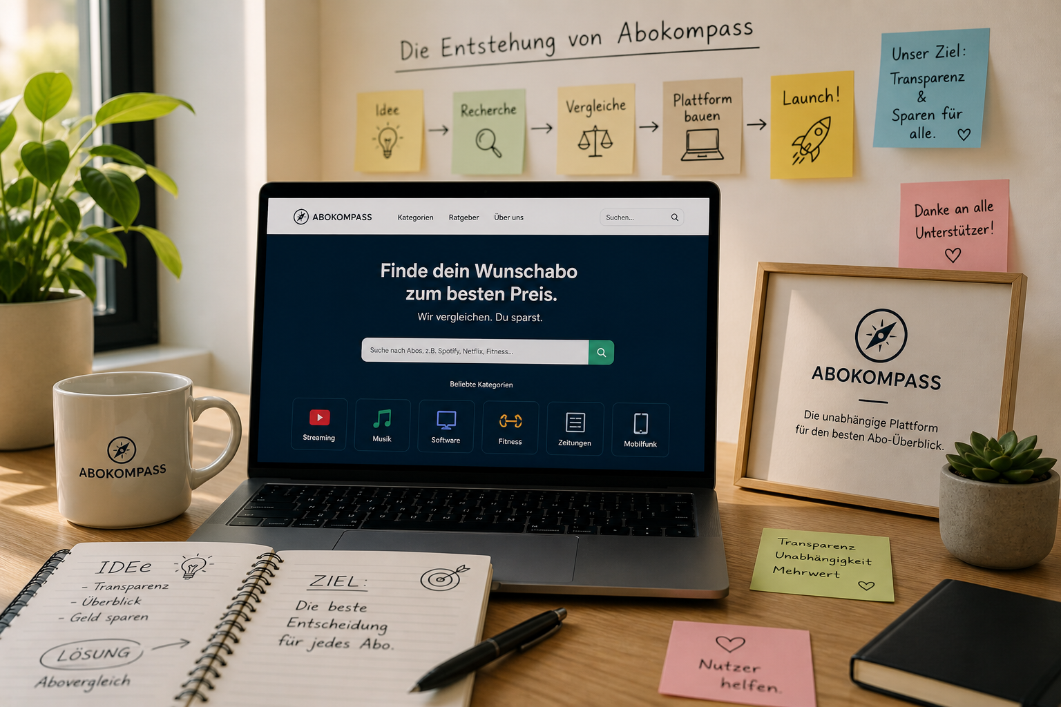Die Entstehung von abokompass — Schreibtisch mit Laptop, Notizbuch und Post-its mit Ideen und Zielen