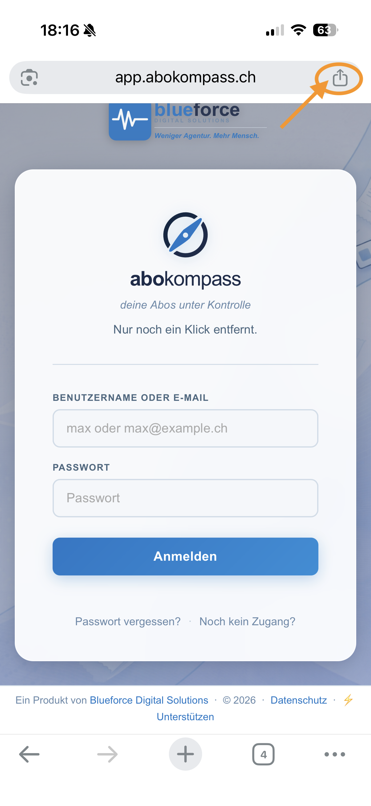 abokompass im Safari-Browser auf dem iPhone