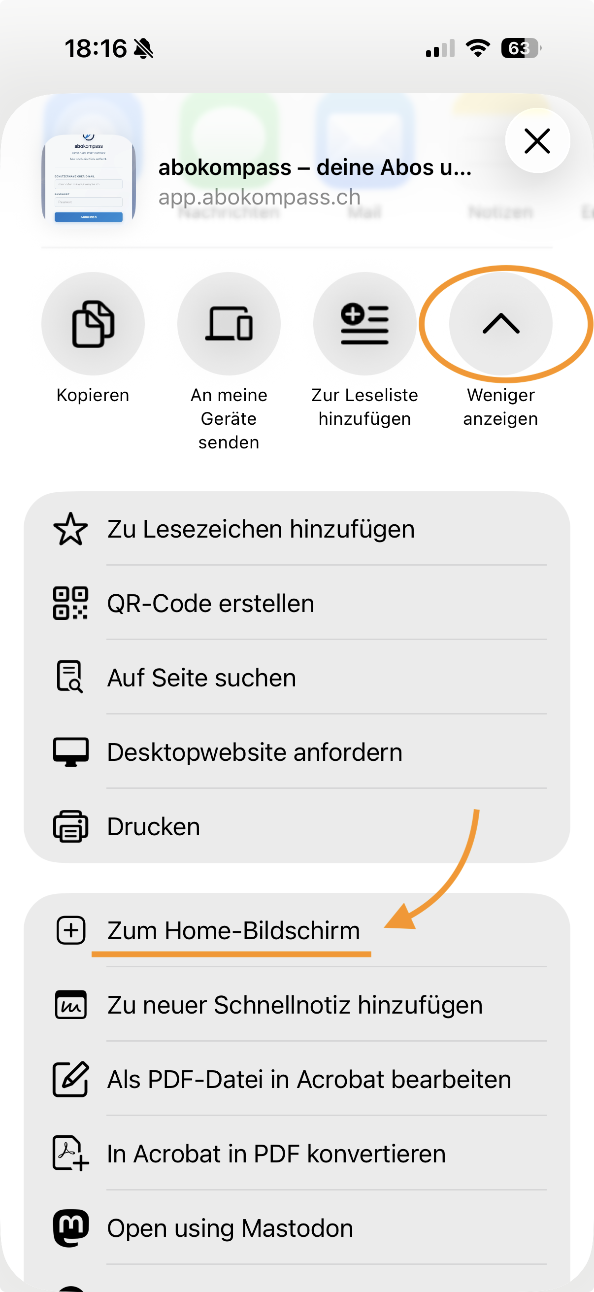 Teilen-Menü in Safari öffnen